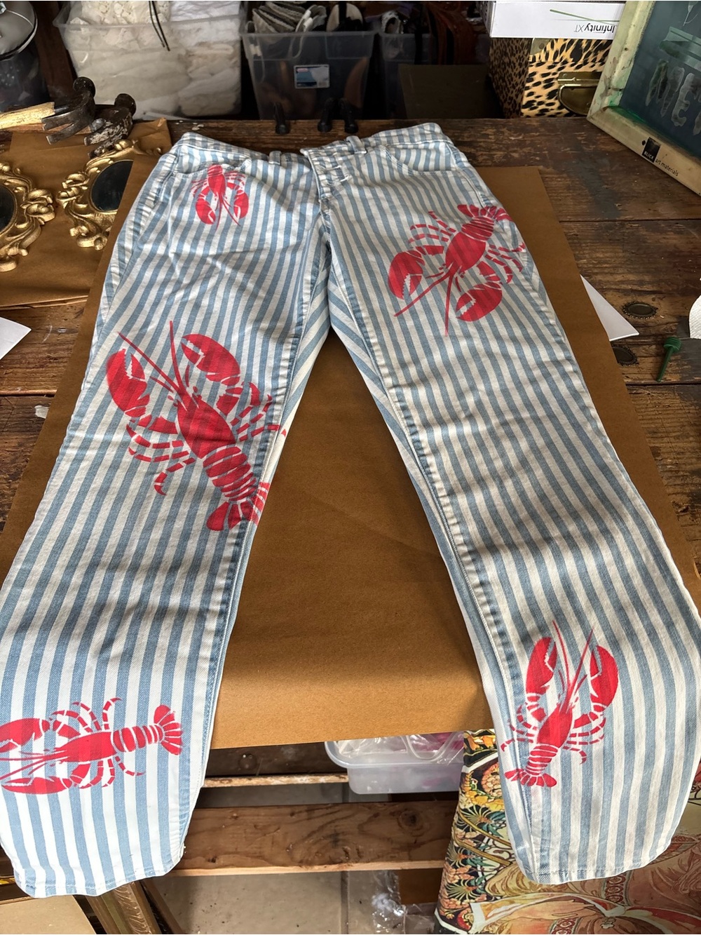 Hand painted pinstripe blue white big lobster print jeans size 28 / 6 button fly
